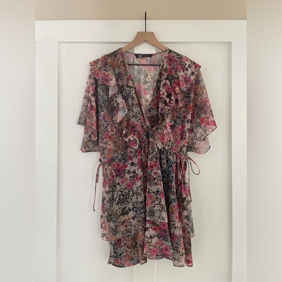 ZARA Floral Printed V-Neck Ruffle Detail Flutter Sleeve Tie Mini Dress Size S - Picture 6 of 13